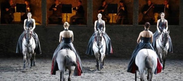 Horses and riders perform on stage during a dress rehearsal of Wolfgang Amadeus Mozart's cantata "Davide penitente" in Salzburg